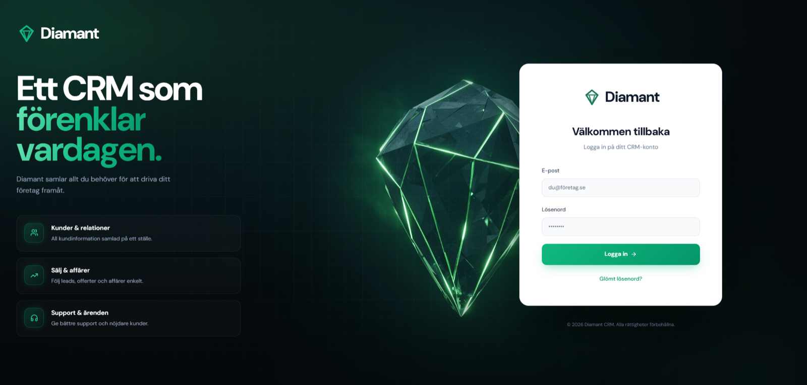 Inloggningssida för Diamant CRM
