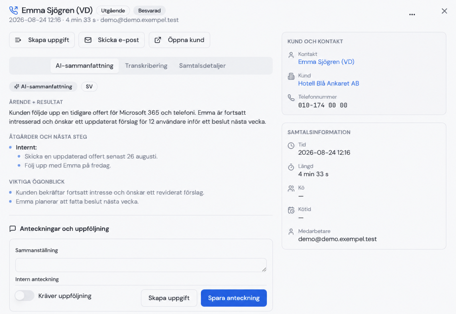 AI-sammanfattning och transkribering av ett samtal i Diamant CRM
